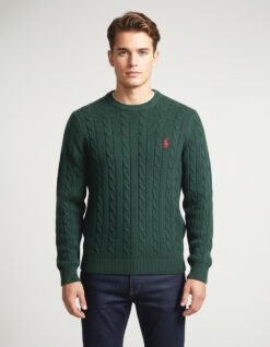 Men's Cable - Knit Cotton Dark Green Sweater