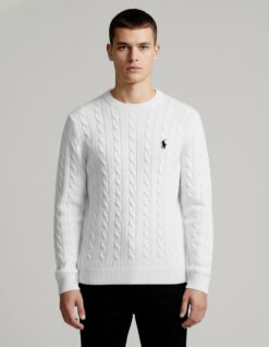 Men's Cable - Knit Cotton White Sweater