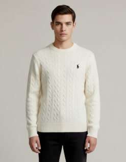 Men's Cable - Knit Cotton Cream Color Sweater